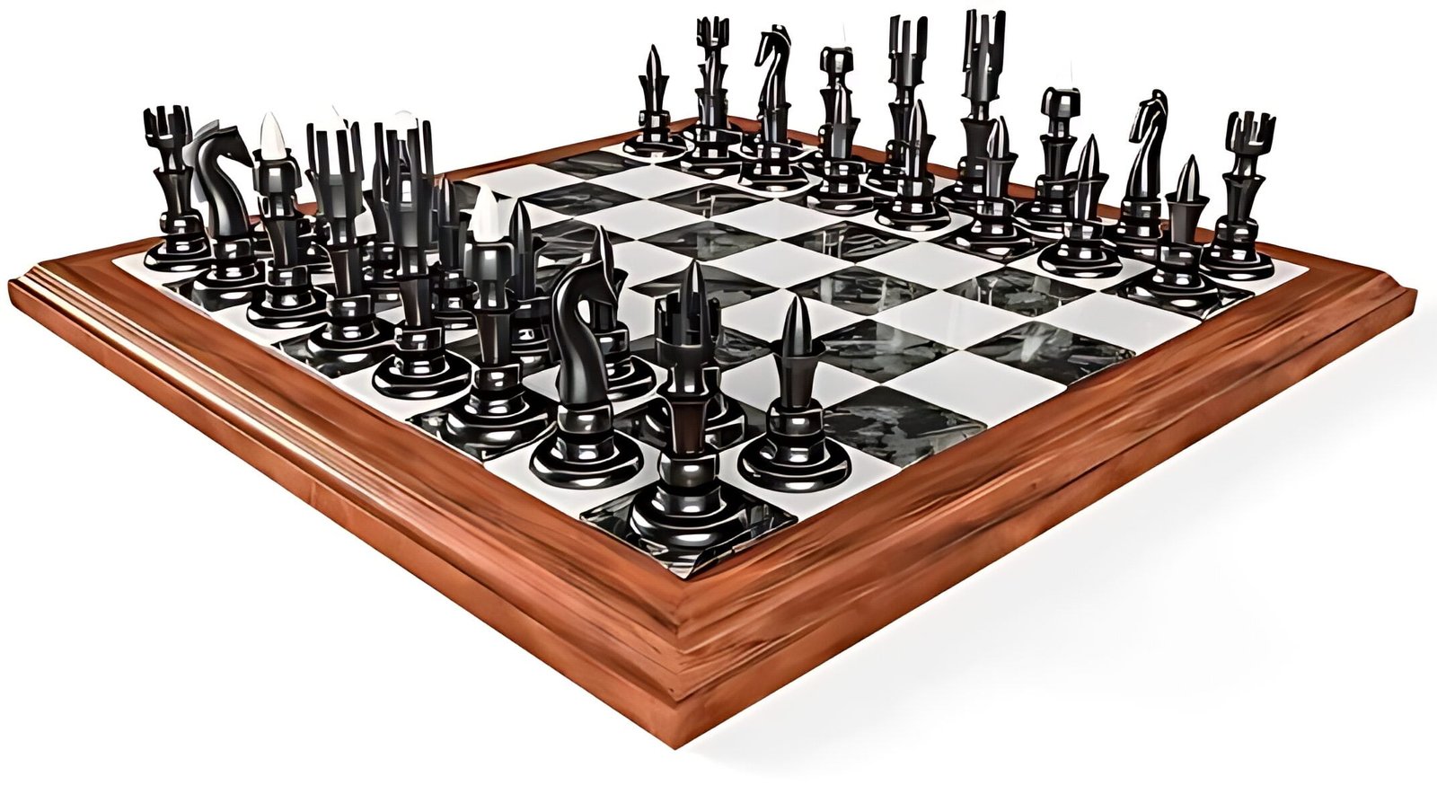chess board with beveled wood edges and chess pieces that are black metal and silver metal
